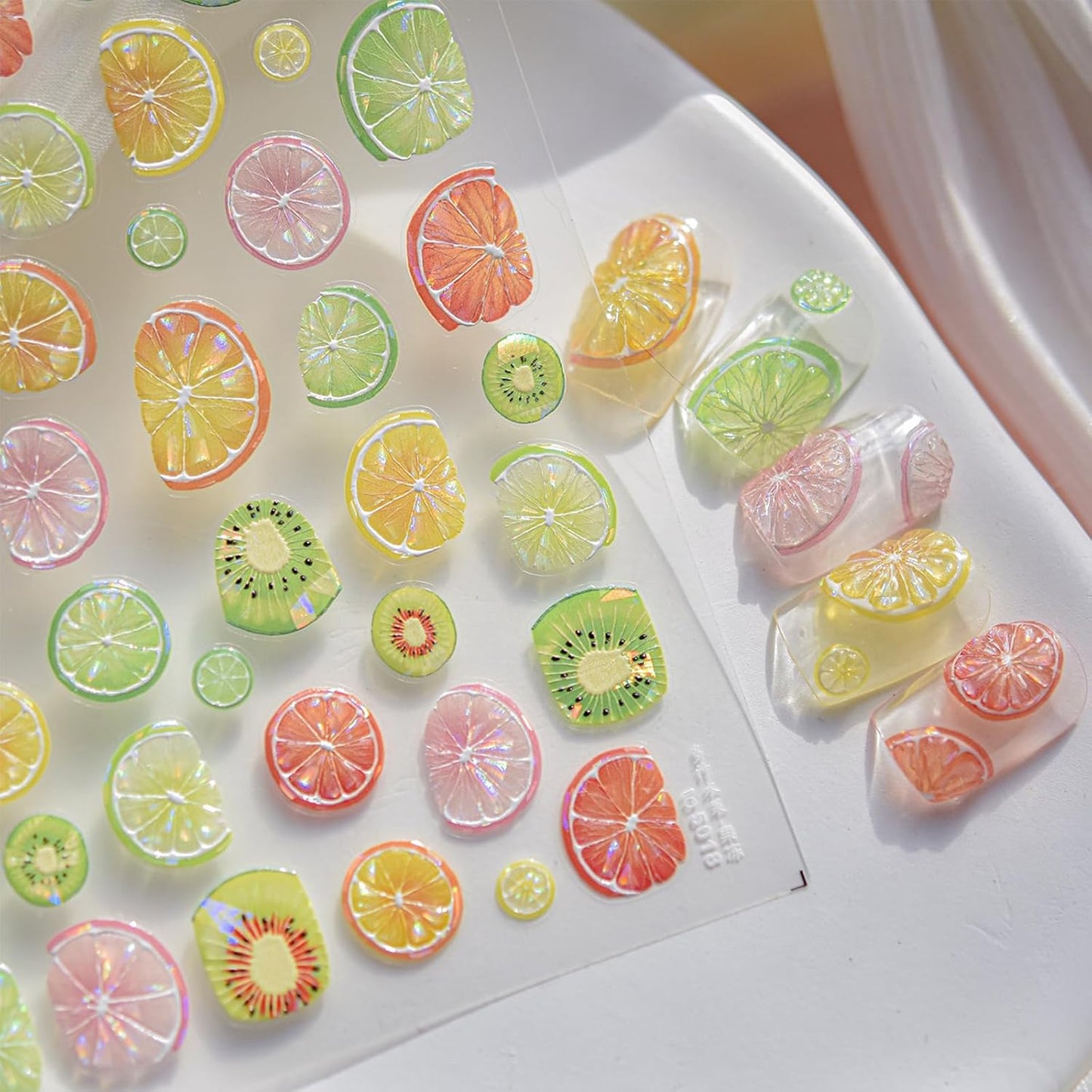 5D Embossed Colorful Fruit Nail Art Stickers Decals Summer Nail Stickers Self-Adhesive Orange Lemon Grapefruit Kiwifruit Exquisite Design Summer Nails Sticker Manicure Supplies for Women DIY Nails