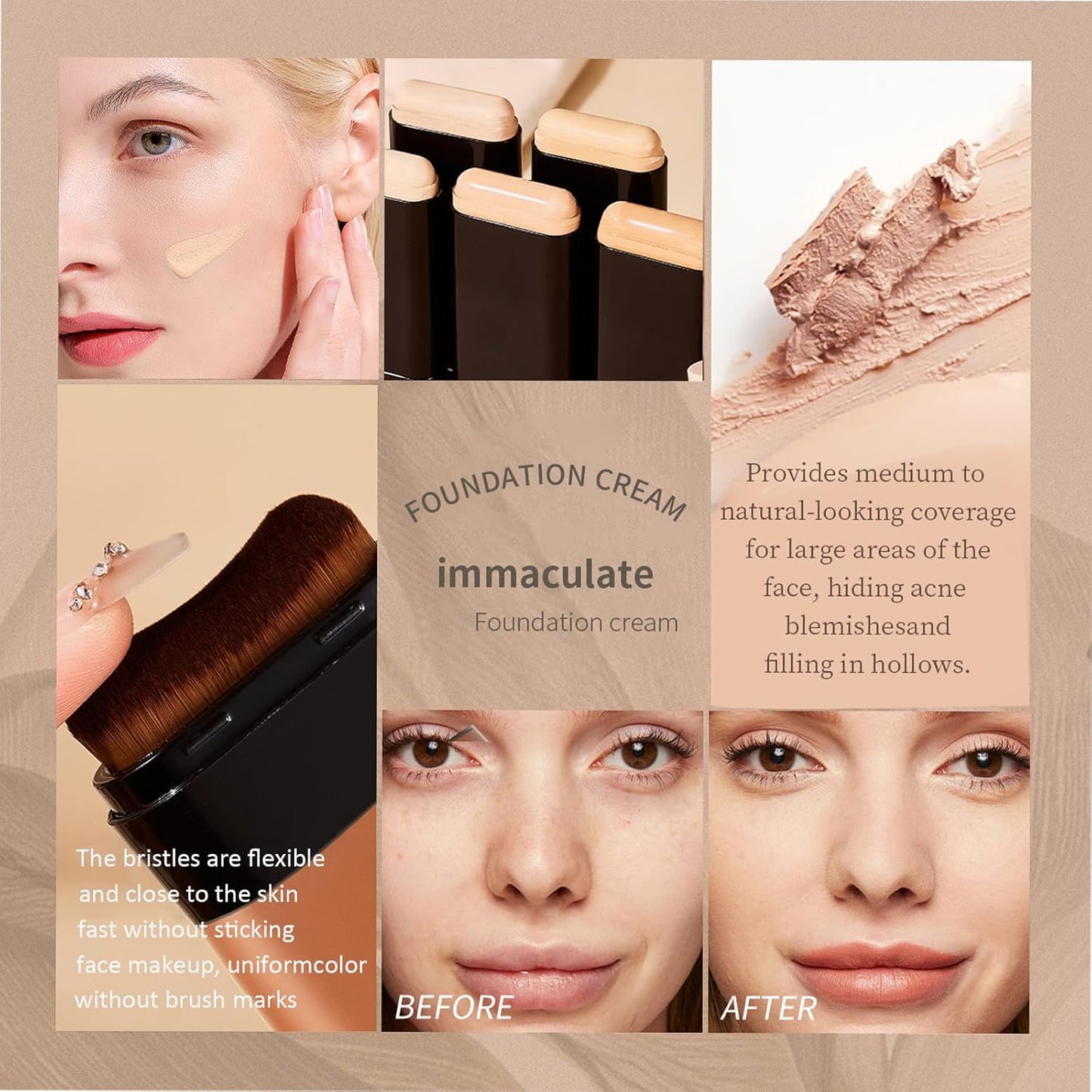 Face Foundation Concealer Stick,2-in-1 Long-wear Lightweight Contour Brighten Stick Blemish with Brush, Waterproof, Hydrating Full Coverage Dark Circles & Blemishes(01#Ivory White)