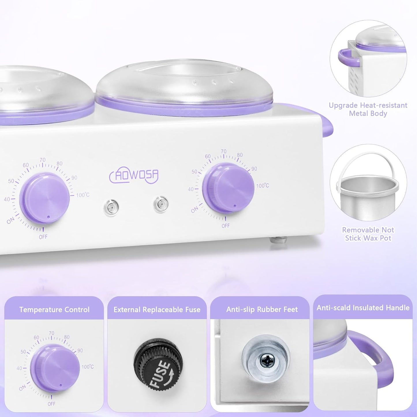 Professional Waxing Kit Wax Warmer Double Pot Wax Heater Machine for Hair Removal, Large Waxing Pot for Spa Salon Beauty Esthetician Home, with Non-Stick Easy Clean Pot, 50 Sticks & 20 Collar