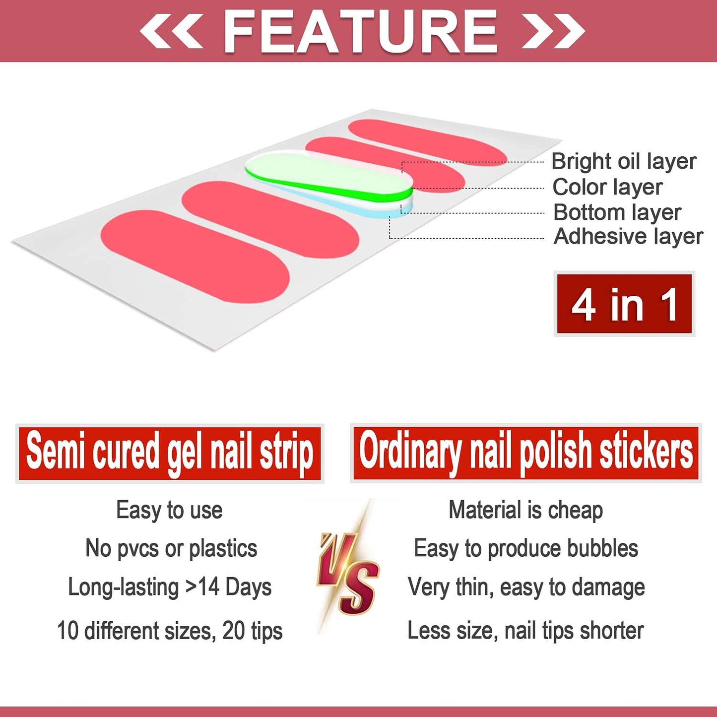 WOKOTO 20 Pcs Hotpink Semi Cured Gel Nail Strips With Nail File & Wooden Stick Nail Polish Strips Gel Nail Stickers Full Nail Wraps For Women Girls Stick On Real Nail Polish Stickers For Nails