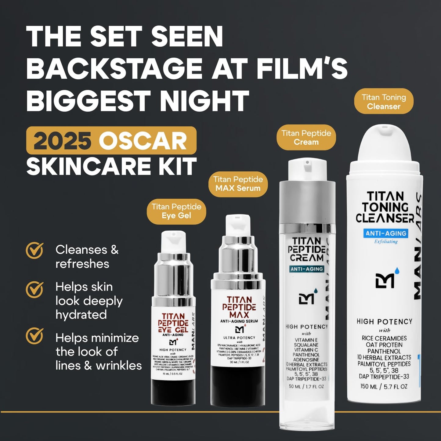 Titan Oscar Anti-Aging Mens Skin Care Kit – Wash, Face Serum, Eye Cream, Mens Face Moisturizer – Men, Skin Care Set – Dark Circles, Wrinkles, Fine Lines – Vitamin C, Peptides, Niacinamide, HA
