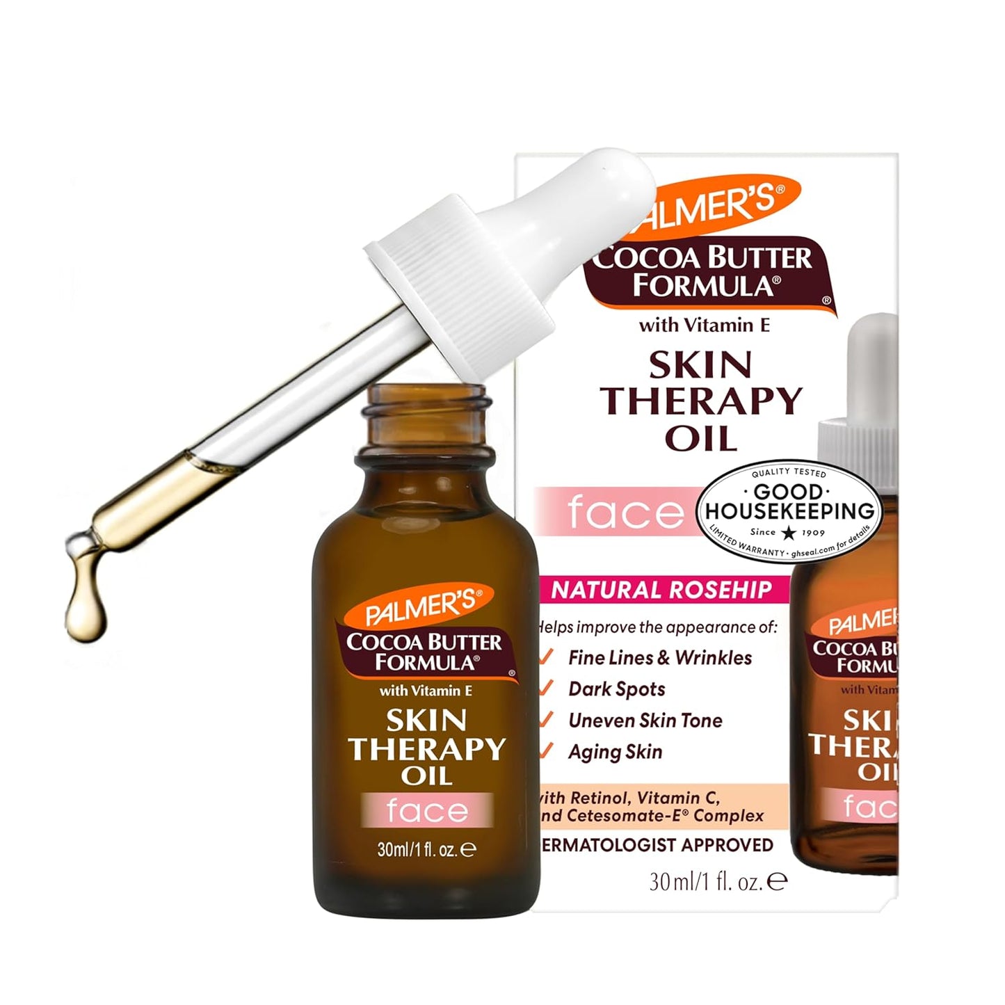 Palmer's Cocoa Butter Formula Moisturizing Skin Therapy Oil for Face with Vitamin E, C & 10 Pure Facial Oils Blend, Rosehip Oil Fragrance, 1 Ounce