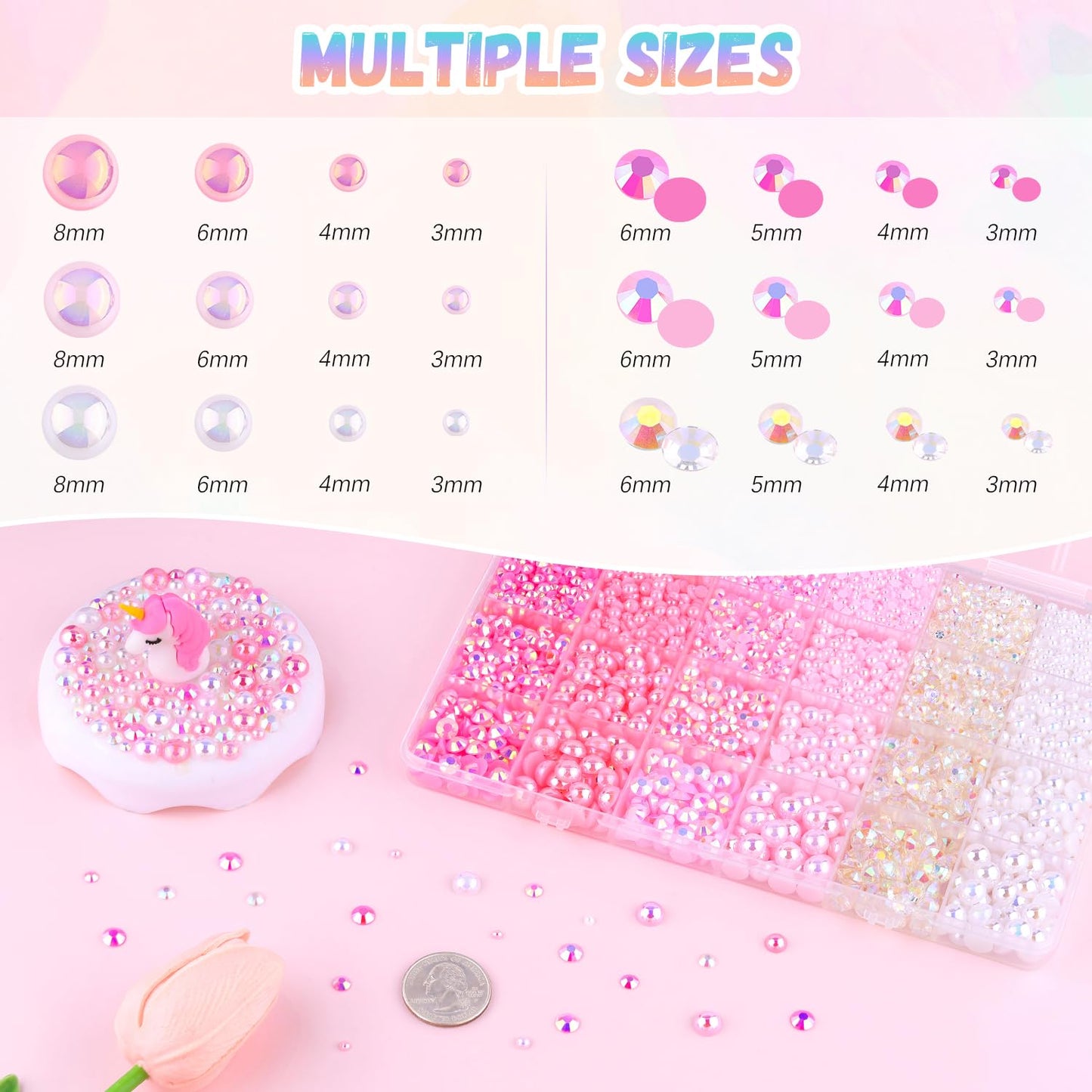 9000Pcs Flatback Pearls and Rhinestones for Crafting, Pink White Mixed Size 3-8mm Resin Rhinestones and Half Pearls for Bedazzling, Nail Art with Tweezers and Pickup Pencil