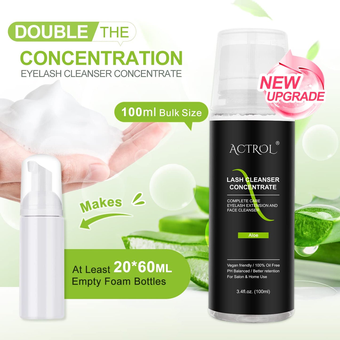 Eyelash Cleanser Concentrate 100ml Aloe Professional Lash Shampoo Foaming Cleanser Paraben & Sulfate Free Non-lrritating Wash for Extensions Lashes with Salon Home Care-Makes 20 Bottles
