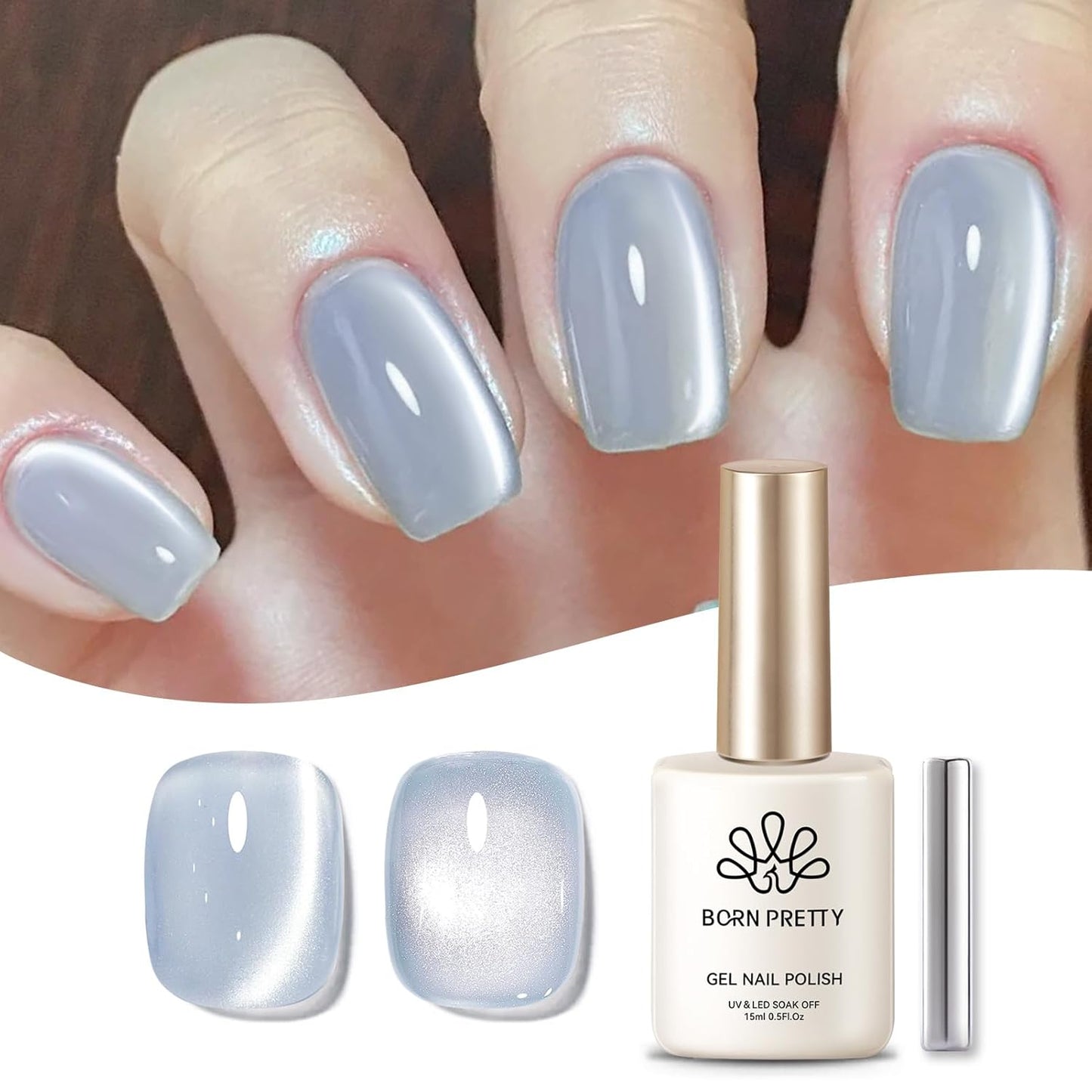 Born Pretty Cat Magnetic Eye Gel Nail Polish, Blue Moonlight Cat Magnetic Gel, Glass Shiny Effect Blue Soak Off Nail Art Salon Manicure Home Gift 15ml