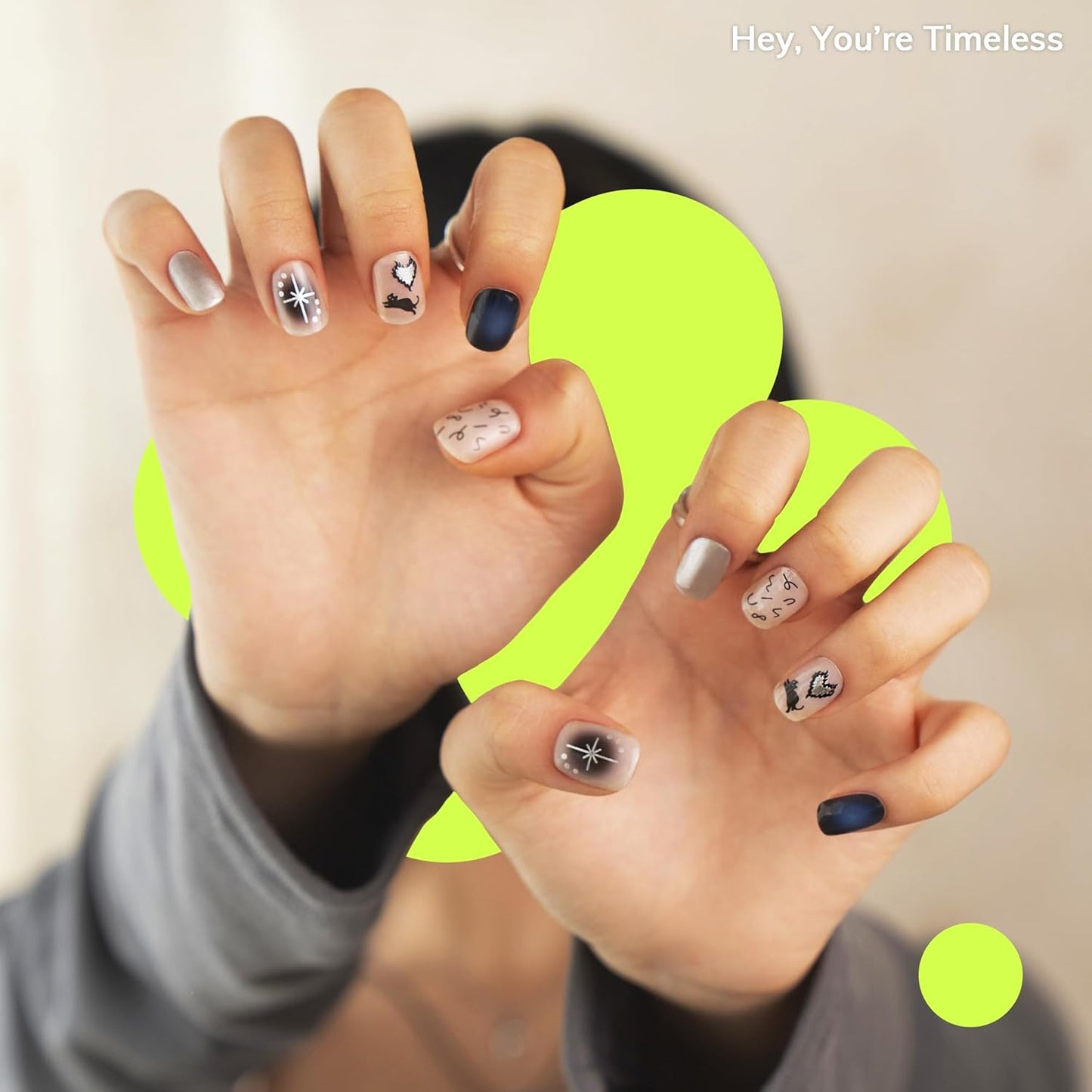 Semi Cured Gel Nail Strips | No LED Lamp Needed | Glitter, Black, White | Easy Apply & Remove, Salon Quality | Includes 28 Strips, 1 Prep Pads, Nail File & Wooden Stick - Hey, You’re Timeless