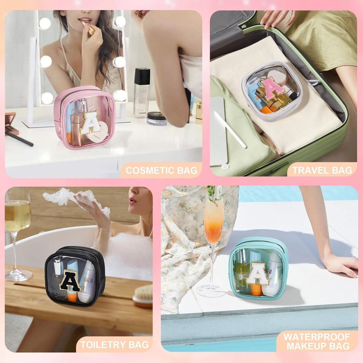 YOOLIFE Initial Makeup Bag Travel Toiletry Bag, Clear Makeup Bag Car Accessories For Women Clear Makeup Bags With Zipper Girlfriend Teacher 7 Year Old Girl Gifts Daughter Gifts Girl Gifts Mini Black C