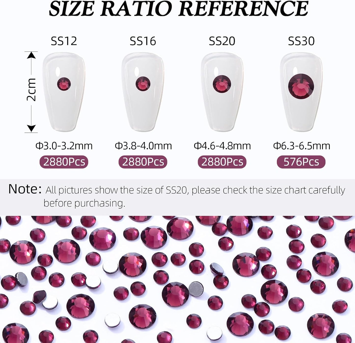 Purple Flatback Rhinestones, Glass Rhinestones for Nail Art and Craft, Glue Fix, Loose Crystal Gemstones(Purple, SS20, 2880pcs, 4.6-4.8mm)