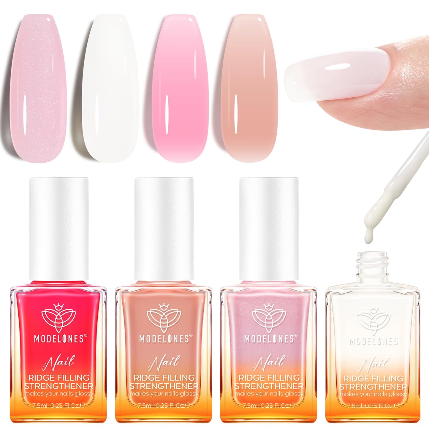modelones Nail Strengthener Kits Milky White Glitter Pink Nude Nail Polish Sets Nail Repair for Damaged Nails Strengthener and Growth for Thin Weak & Damaged Nail Care Kit for Women 4 Pcs Gifts Sets