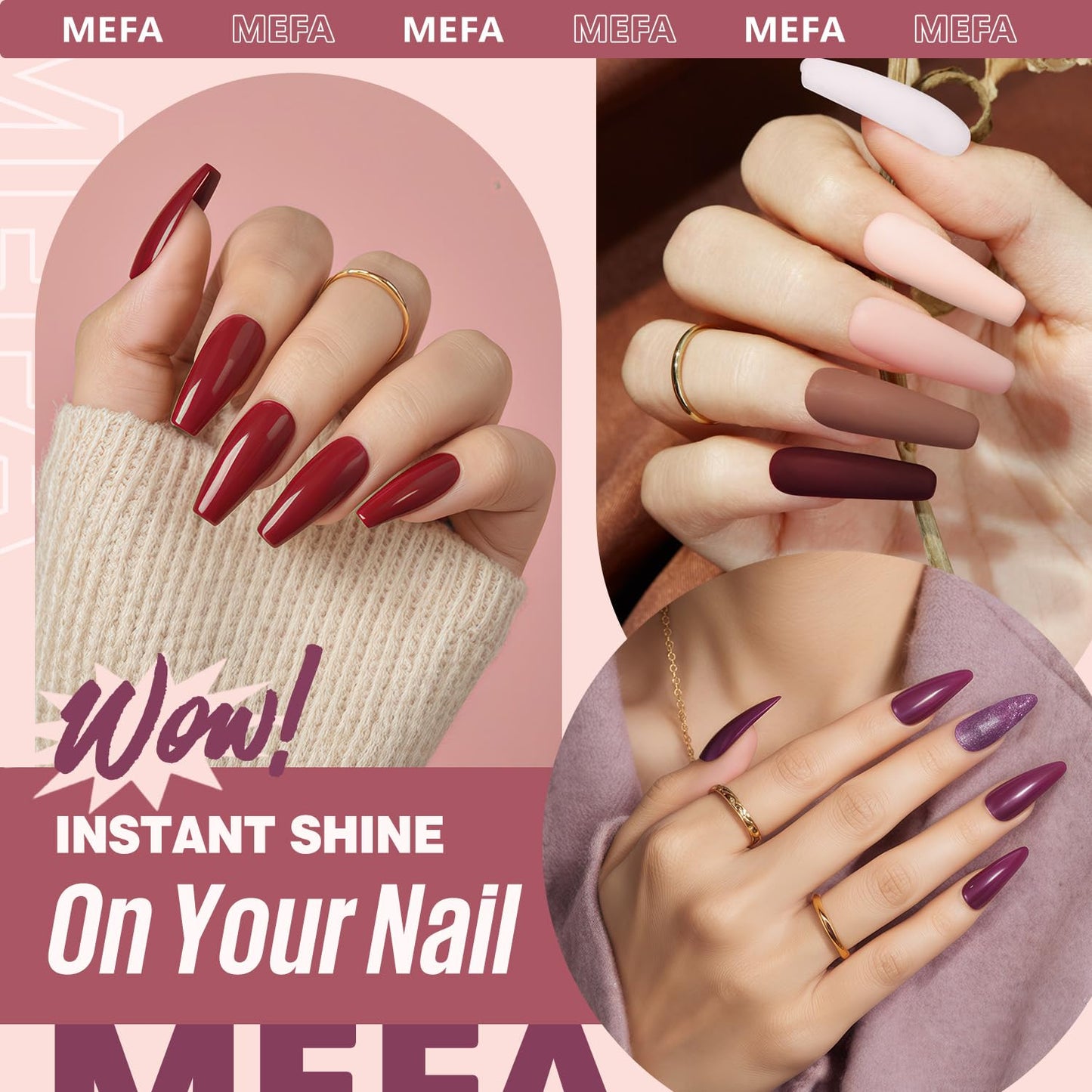 MEFA 19 Pcs Gel Nail Polish Kit with U V Light, 12 Colors Fall Gel Nail Polish Set Burgundy Red Champagne Gold Glitter Soak Off Purple Manicure Tools Beginners Salon Art Nails Art DIY for Women