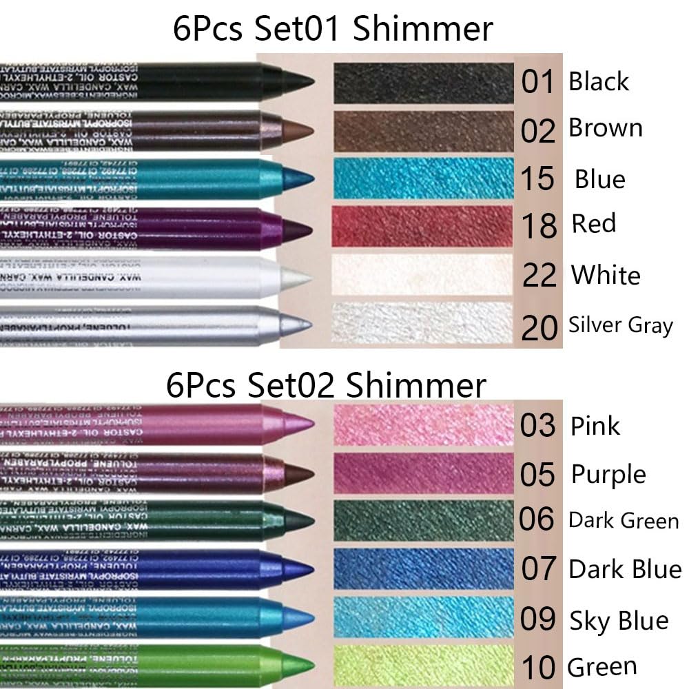 Kaely 6Pcs Glitter Gel Eyeliner Pencil Set for Women, Color Eye Liner Waterproof Smudge Proof with Sharpener, High Pigmented Eye Makeup Liners, lapiz de ojos delineador de ojos contra el agua, 02