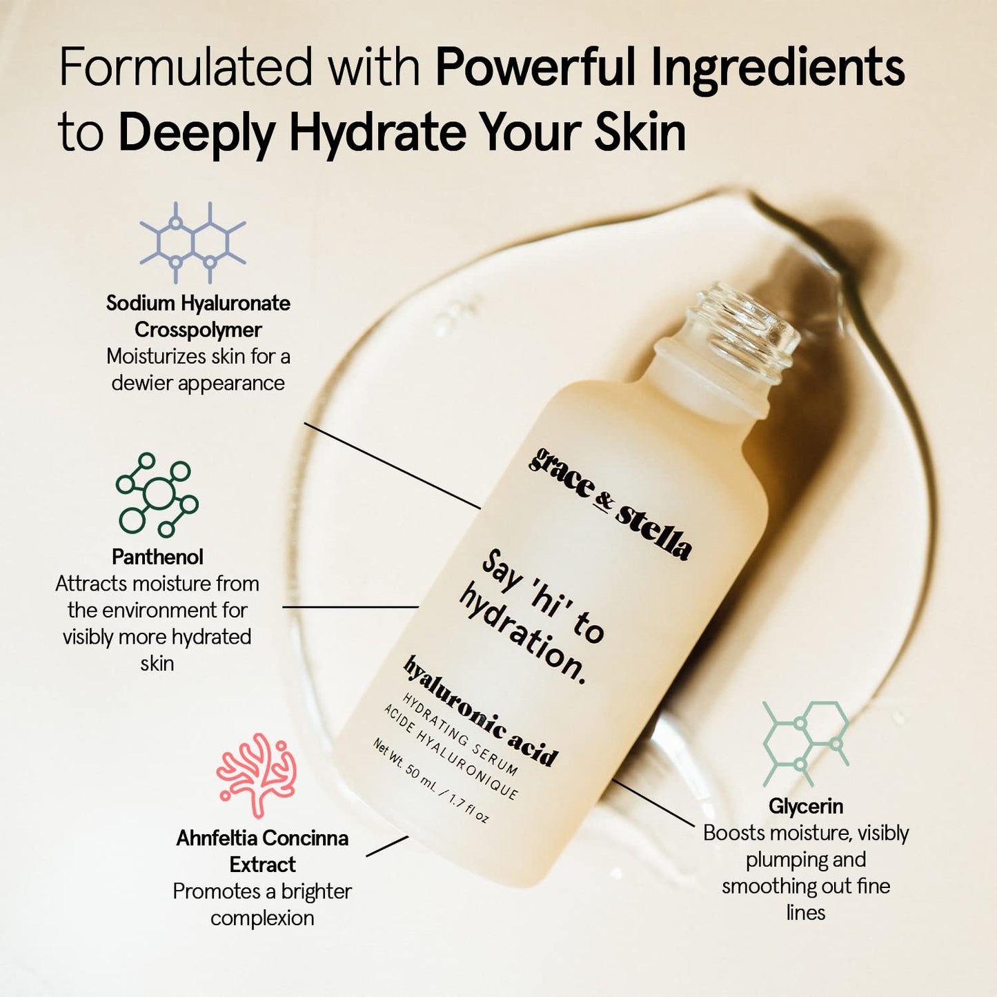 grace & stella Award Winning Hyaluronic Acid Serum (50ml/1.7 fl oz) Hydrating Hyaluronic Acid Serum for Face - Acido Hialuronico for Women - Remove Fine Lines, Wrinkles, Anti Aging - Vegan Skincare