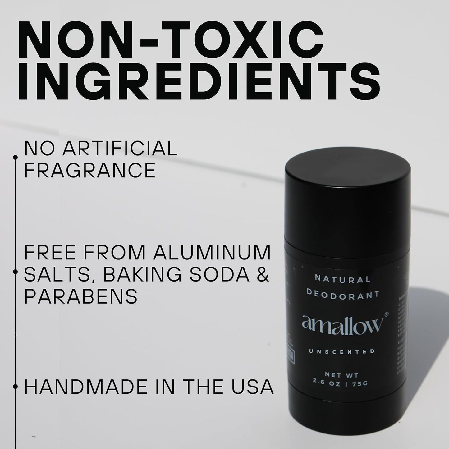 Amallow - Natural Deodorant – Aluminum Salt-Free, Tallow-Based, Baking Soda-Free, with Magnesium & Zinc – Long-Lasting Odor Protection – Handcrafted in the USA – 2.6 oz (Unscented)