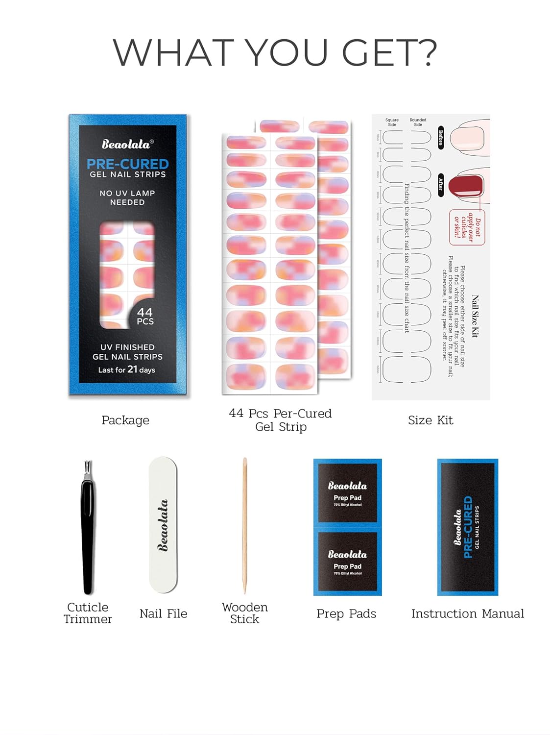 Pre Cured Gel Nail Strips - 44PCS Salon Quality Gel Nail Stickers - Long Lasting Polish Wraps for Women no UV Light Needed Easy Apply& Remove (Shimmer Pink)