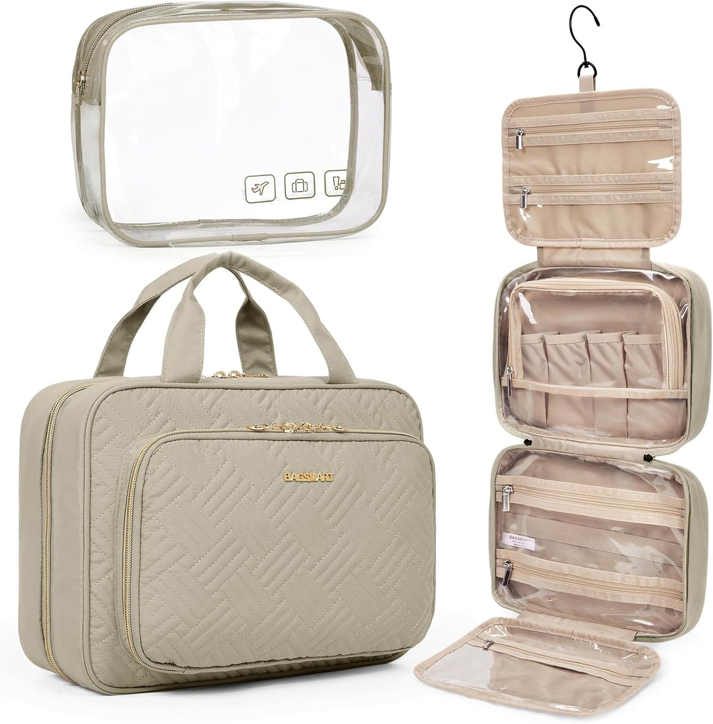 BAGSMART Toiletry Bag Hanging Travel Makeup Organizer with TSA Approved Transparent Cosmetic Bag Makeup Bag for Full Sized Toiletries, Large-Camel