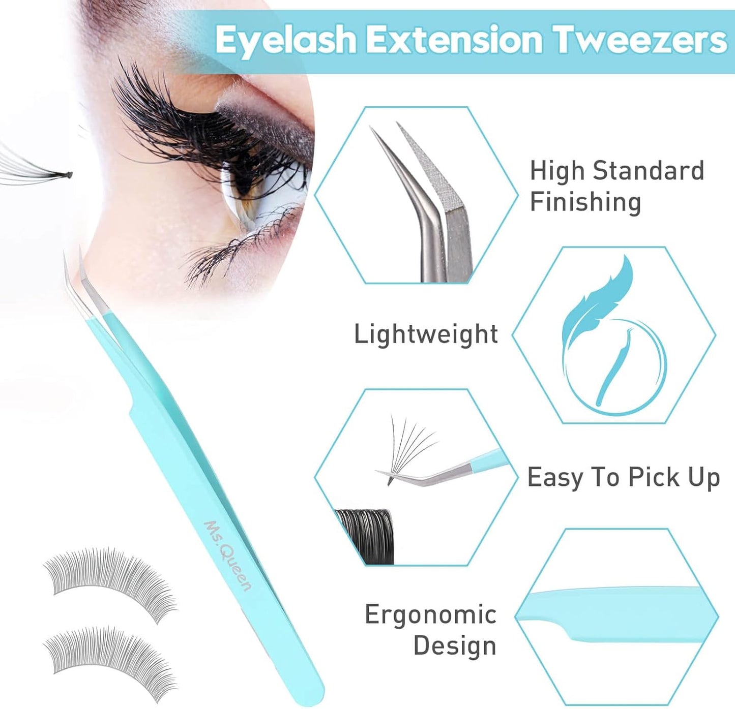 Ms.Queen Eyelash Tweezers for Extensions, 2Pcs Fiber Tip Grip 45 and 90 Degree Mega Volume Tweezers Set for Lash Extensions-Blue