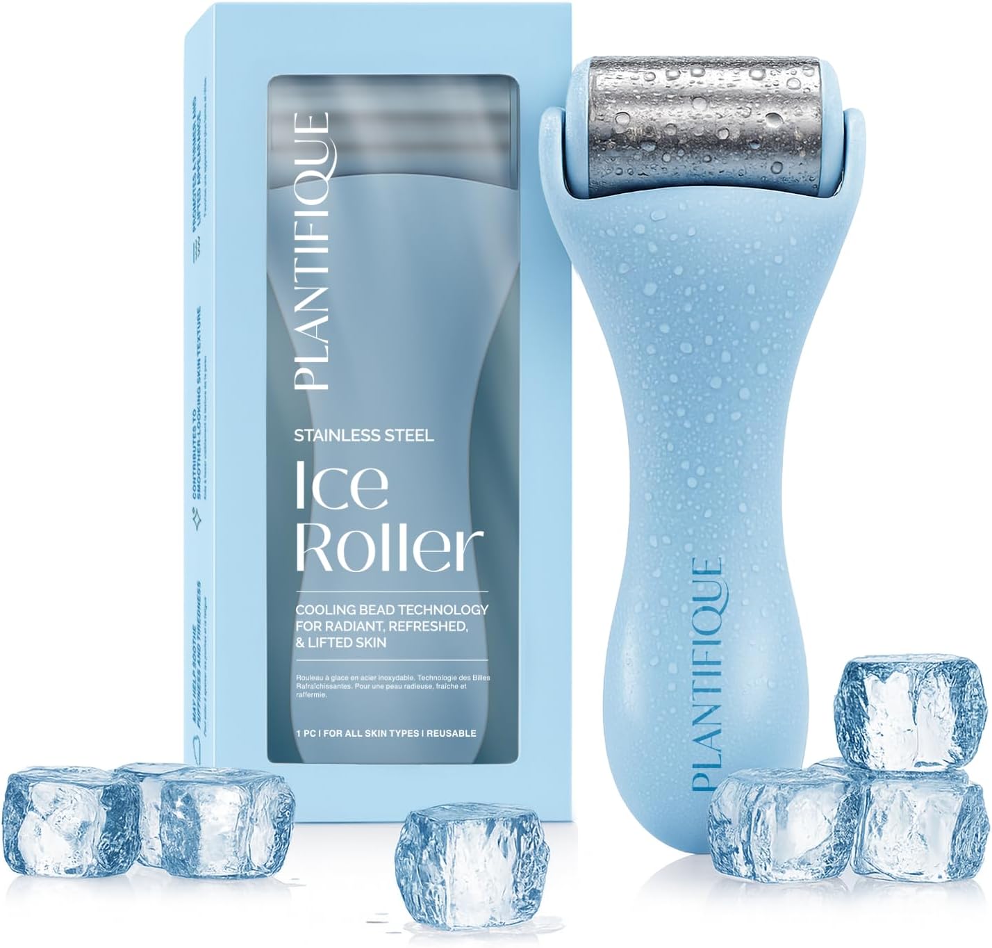 PLANTIFIQUE Facial Ice Roller - Puffiness Cryotherapy Skin Care Massage Tool - Stainless Steel Roller for Men & Women - Metal Massager for Face, Eyes and Body