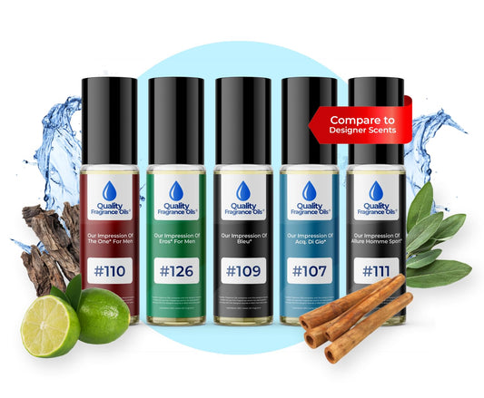Quality Fragrance Oils' Men's Top 5 Cologne Impressions (Generic Versions of Designer Fragrance) Sampler Gift Set of 5 10ml Roll-ons, Long-lasting oils