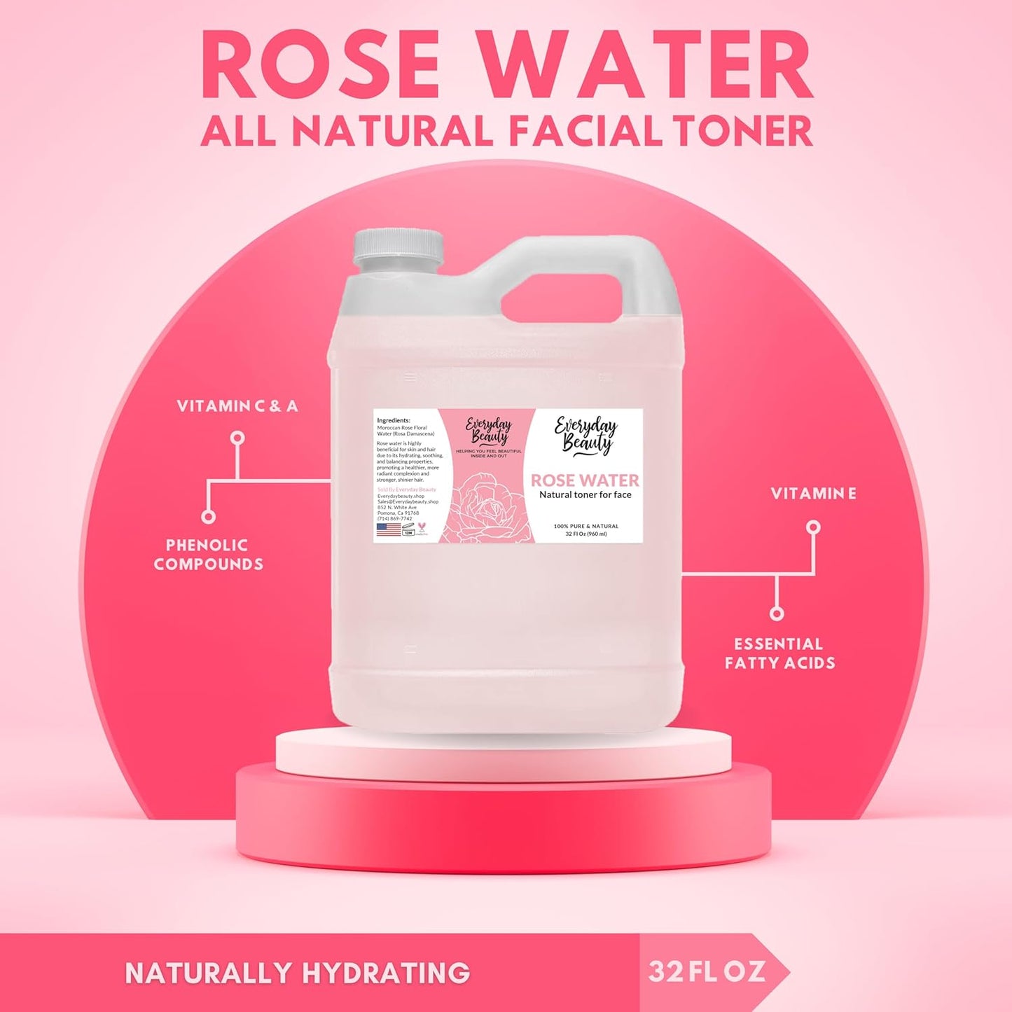 Rose Water Facial Toner - 32oz Bulk Alcohol-Free Vegan All Natural Refreshing for Face and Hair - Uplifts, Calming & Soothing for All Skin Types