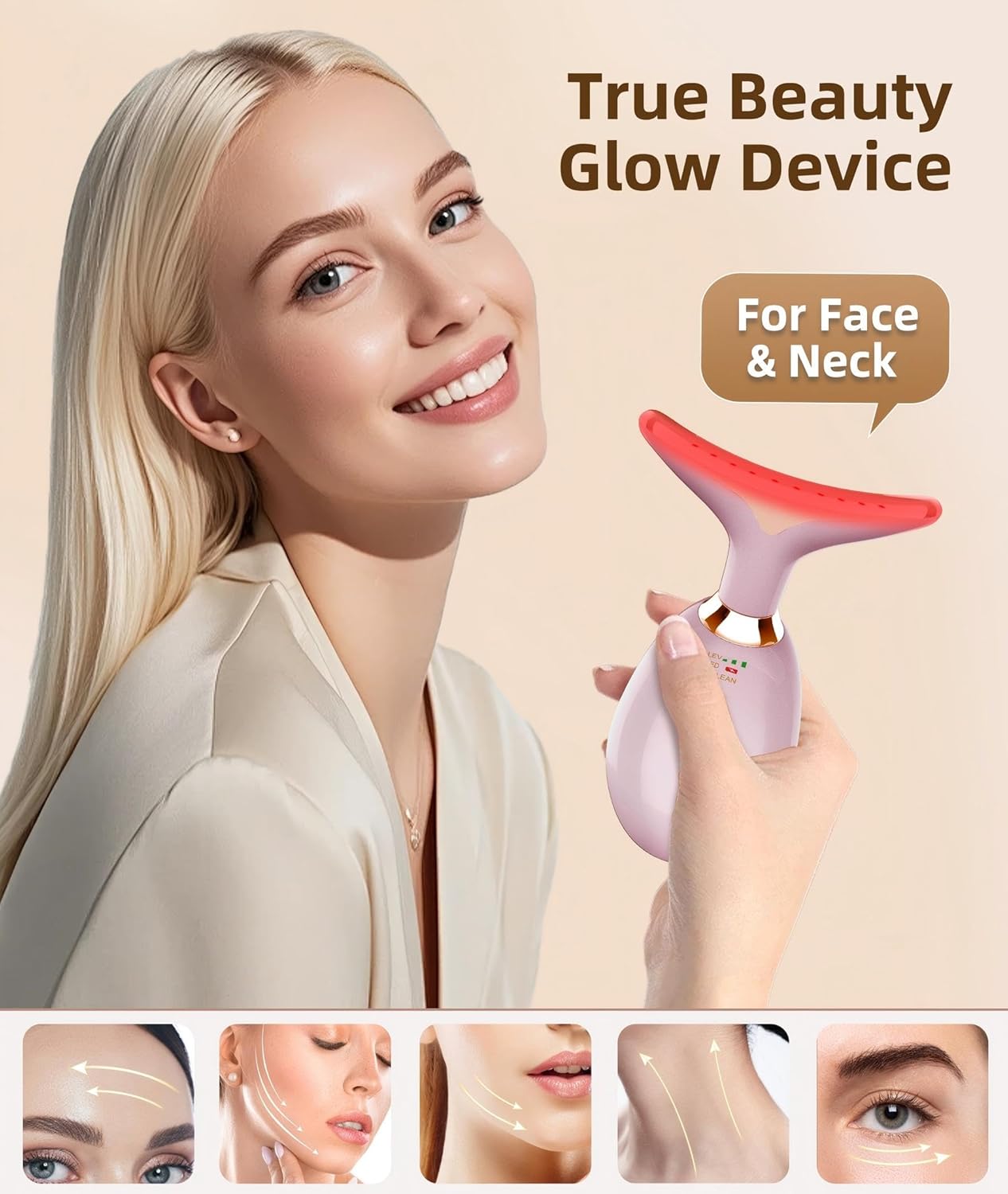 7 Color Face and Neck Massager Light Therapy, Red Light Based Facial Massager for Skin Care, Firming, Smoothing (Pink)