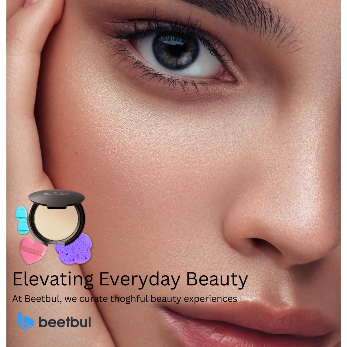 Beetbul Makeup & Exfoliation Kit - Bissú Compact Powder + 1 Medium Velvet Puff + 2 Finger Puffs + 1 Facial Exfoliating Sponge (09 Shell Beige, One Size)