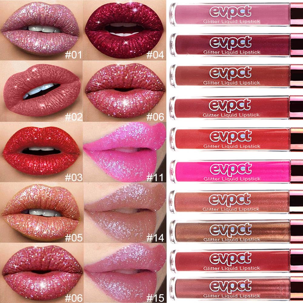 evpct 2Pcs Ruby Red Rose Pink Matte to Glitter Liquid Lipstick Set Kit for Women Long Lasting Glossy Metallic Shimmer Sparkle Lipstick Lip Gloss 3+11