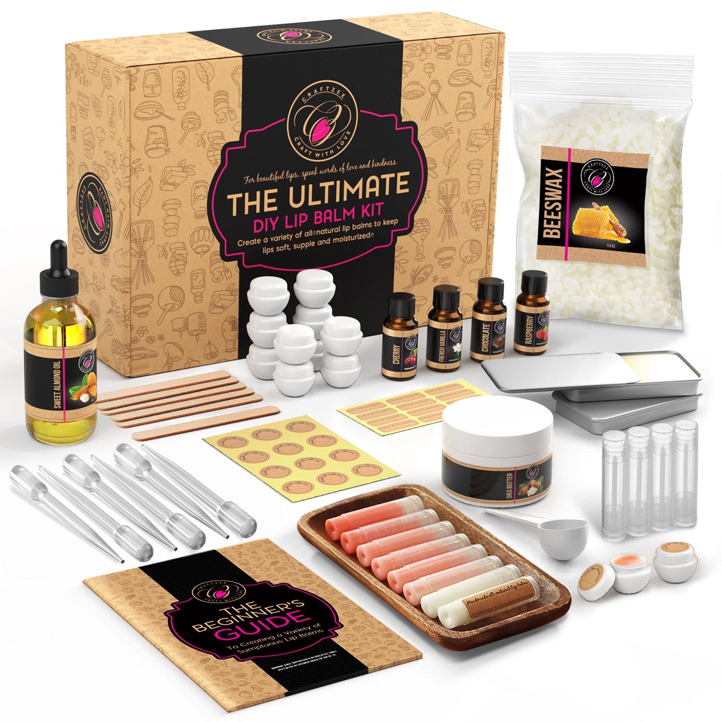 CraftZee Organic Lip Balm Making Kit. DIY Lip Gloss Pack, Natural Beeswax, Shea Butter, Sweet Almond Oil, Essential Oils, Tools, Instruction Manual. Sleepover Party Supplies for Girls, Adult Craft Kit
