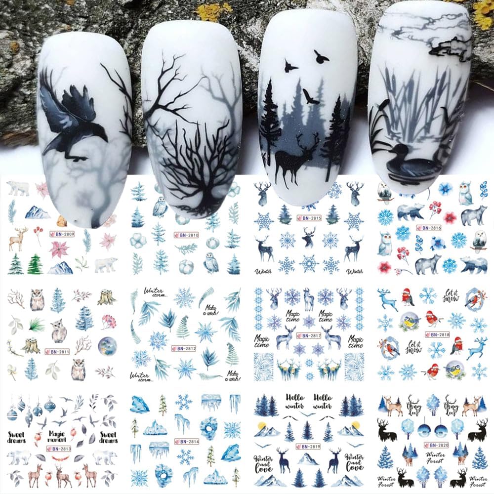 12 Sheets Snowflake Nail Art Stickers Water Transfer Nail Decals Christmas Nail Art Decorations Blue Snowflake Elk Santa Tree Bear Cute Winter Pattern Watermark Nail Stickers for Women DIY Nail Supply