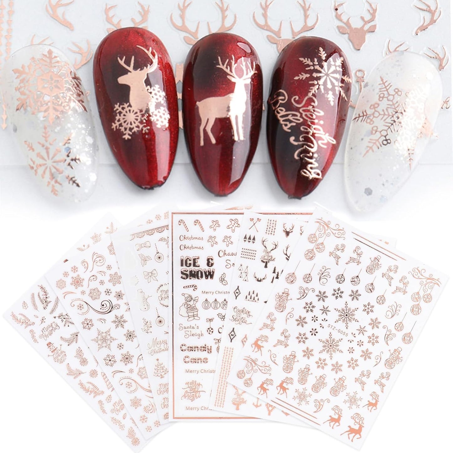 JMEOWIO 9 Sheets Christmas Nail Art Stickers Decals Self-Adhesive Pegatinas Uñas Navidad Rose Gold Winter Holiday Xmas Snowflake Nail Supplies Nail Art Design Decoration Accessories