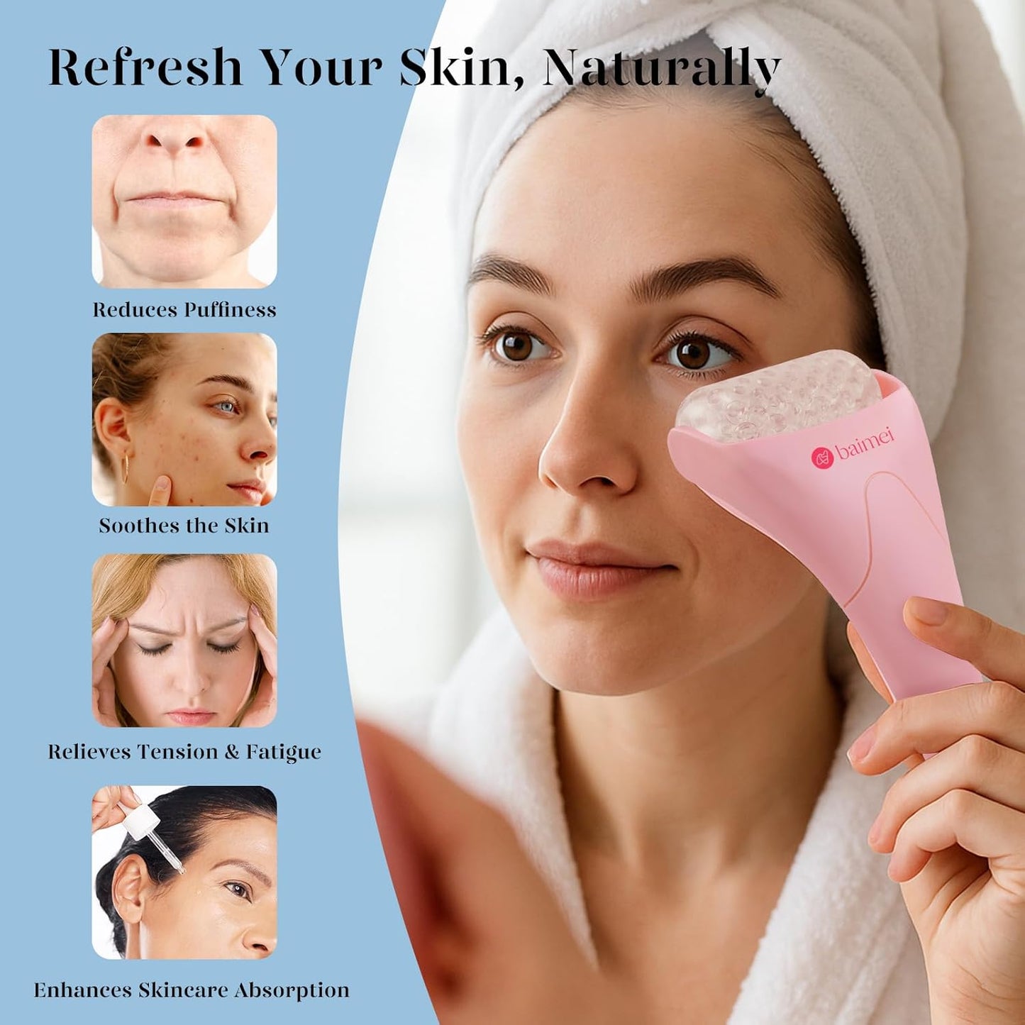 BAIMEI IcyMe Ice Roller for Face and Gua Sha Facial Tool Set, Ice Face Roller Reduces Puffiness Relieves Migraines Skin Care Tools, Self Care Gift for Women - Pink