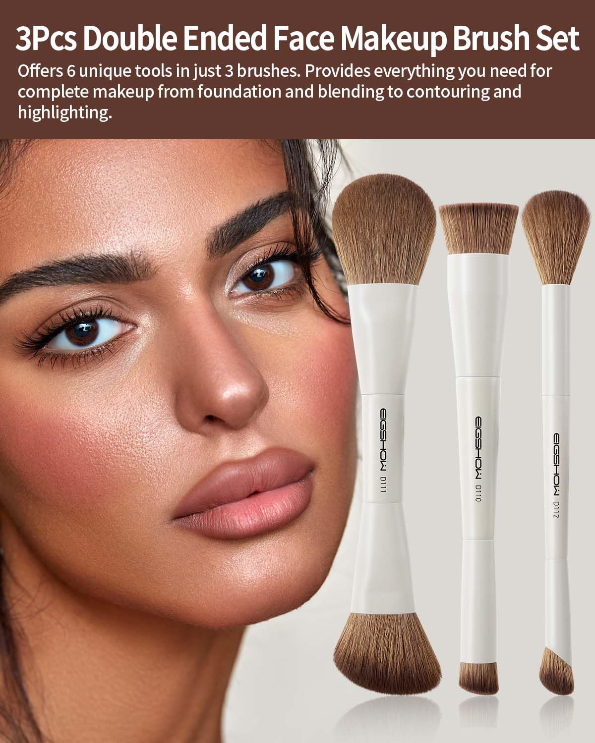 EIGSHOW Makeup Brush Set, 3Pcs Double Ended Face Makeup Brushes for Foundation Powder Contour Highlight Concealer Nose Shadow, Travel Gift Set (Beige)