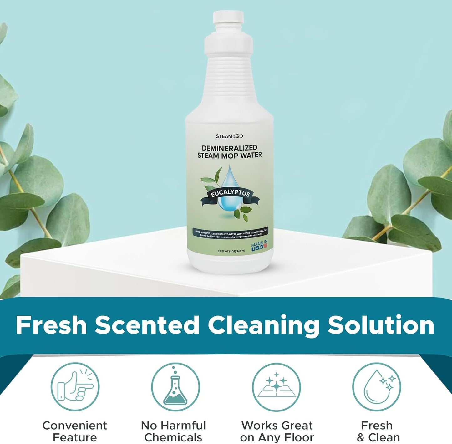 Steam & Go - Demineralized Water for Steam Cleaner, PVC-Free Floor Cleaner Liquid Compatible With Any Steam Mop, Ready-to-Use Multisurface Cleaner, Scented Mop Solution, Eucalyptus Mint, 32 oz