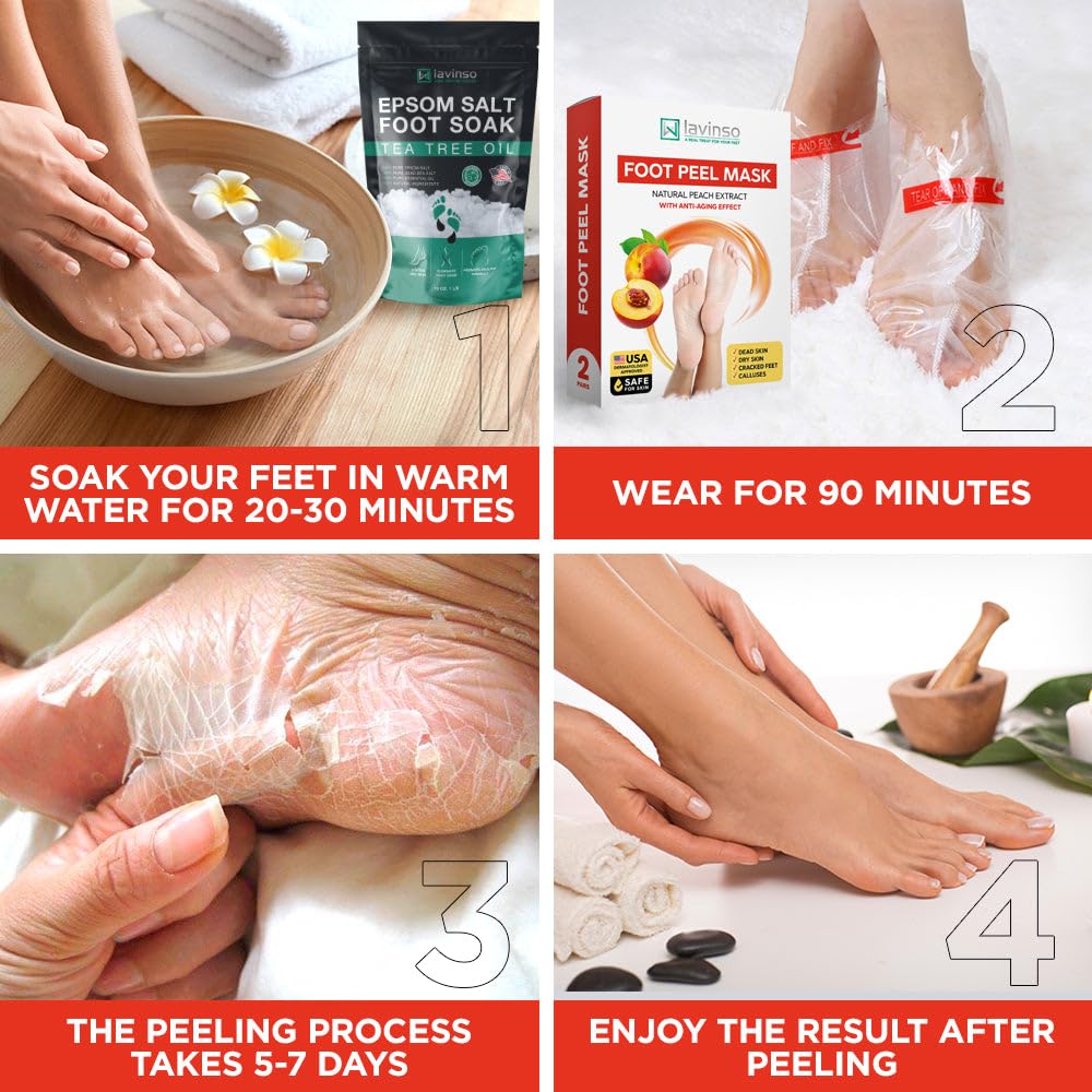 Lavinso Peach Foot Peel Mask for Dry Cracked Feet - 3 Pack - Dead Skin Remover Foot Mask for Cracked Feet and Callus - Exfoliating Feet Peeling Mask for Soft Baby Feet