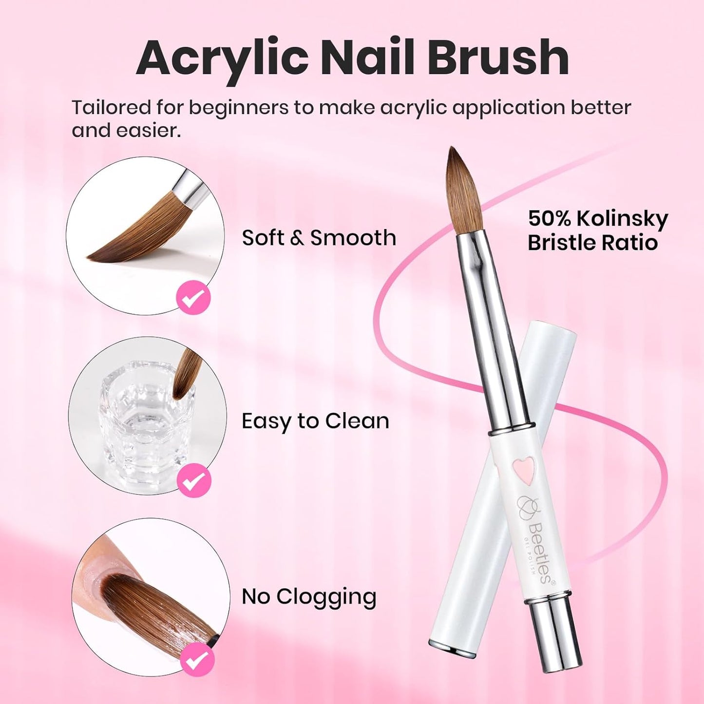 Beetles Acrylic Nail Brush Kolinsky Hair Bristles Round Shaped Metal Handle Nail Art Brushes for Acrylic Powder Manicure Extension DIY at Home Manicure Tool - Size 8