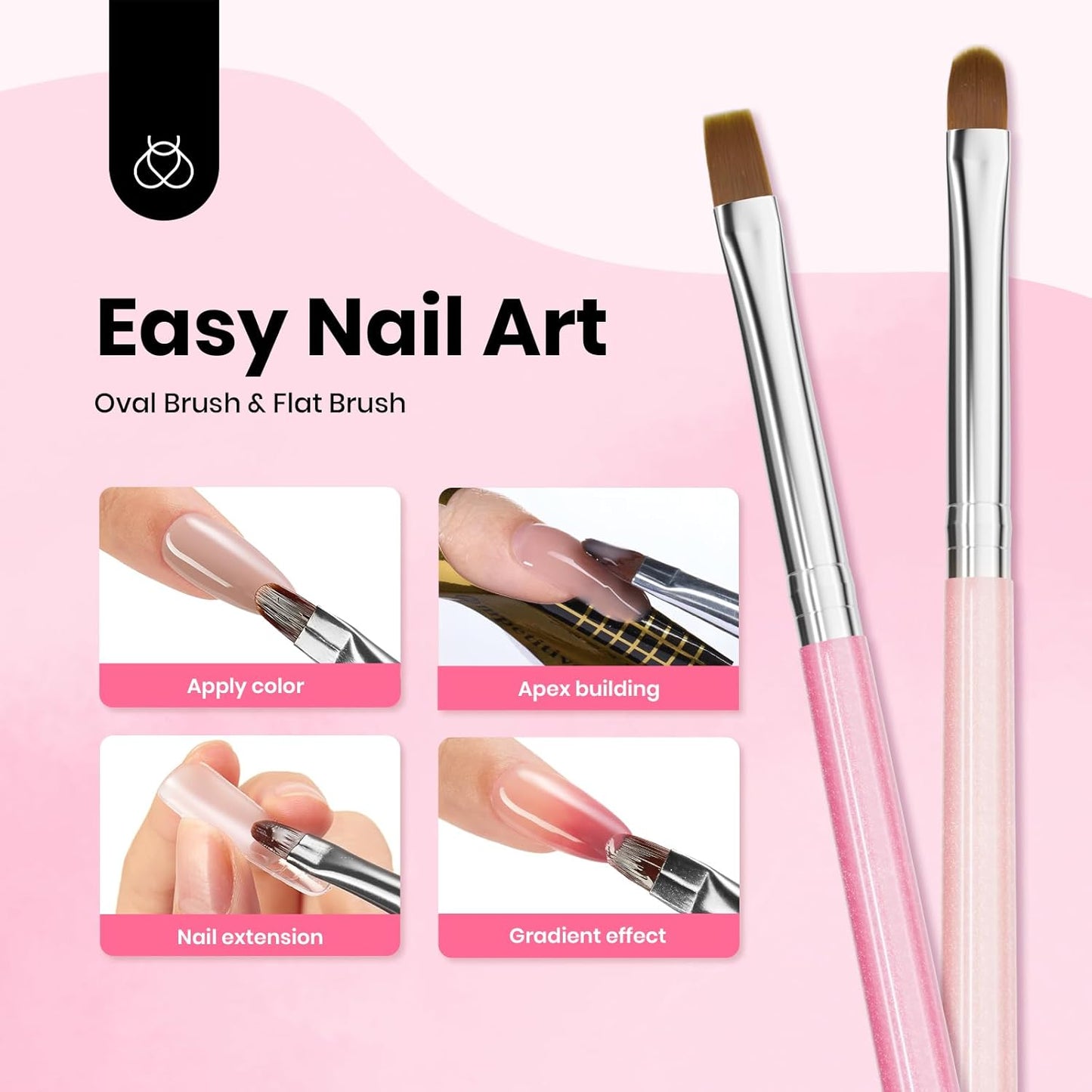 Beetles Nail Art Brushes, 6 Pcs Fingernail Art Design Pens, Pink Handle French Tip Ombre Clean Up Nail Brush Set for Gel Polish with Palette DIY Manicure Tools Gift for Women