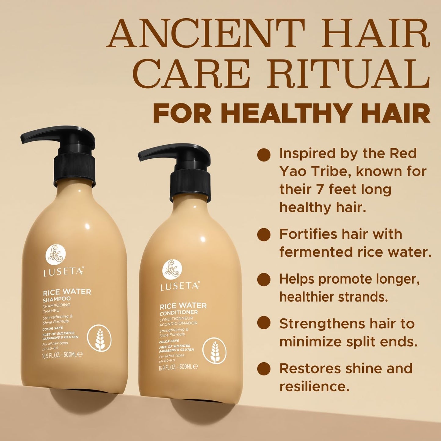Luseta Rice Water Shampoo and conditioner Set Strengthening & Nourishing Revitalizes Shine for All Hair Types Hydrating & Frizz Control for Women and Men 33.8oz*2