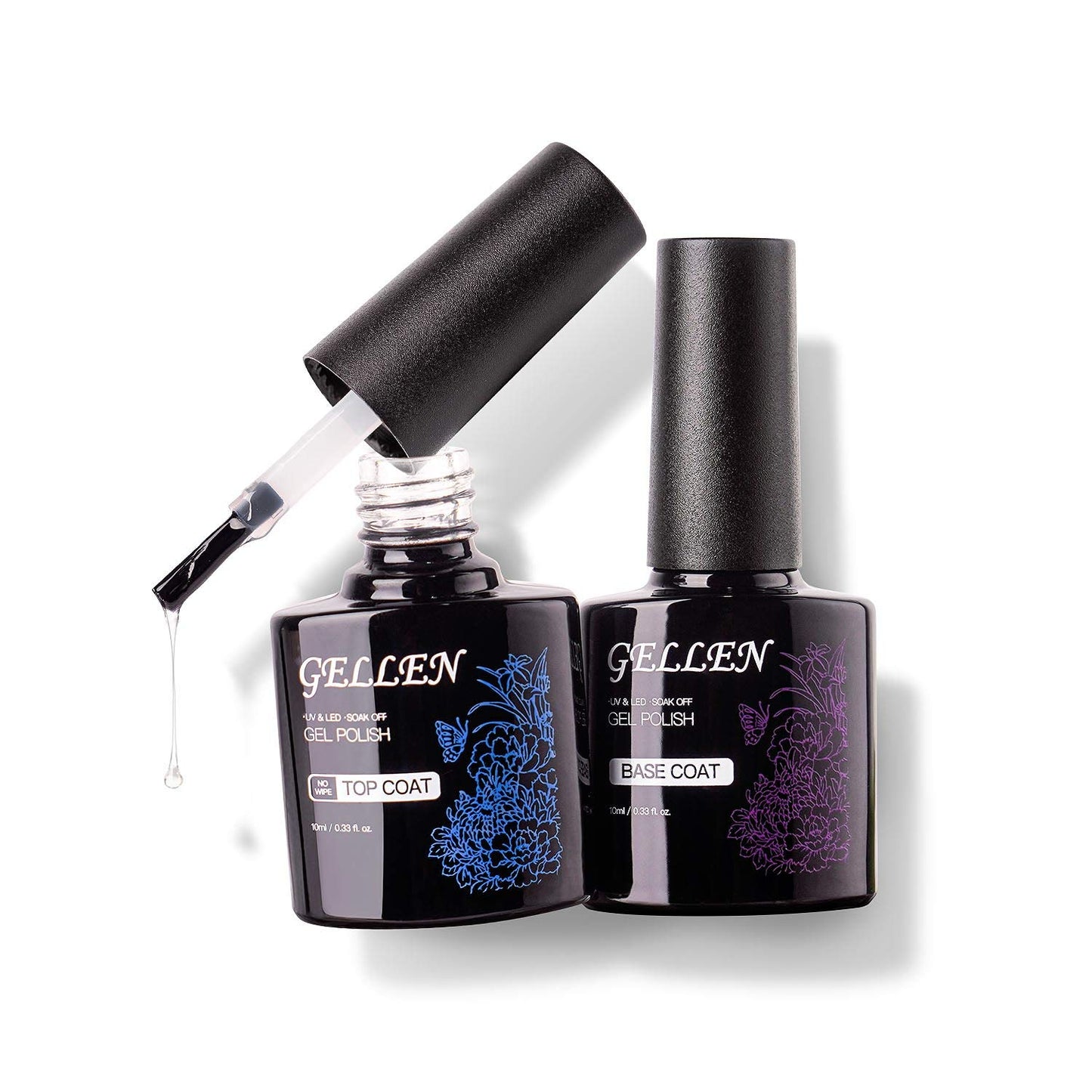 GELLEN Gel Top Coat and Base Coat, 2Pcs No Wipe Gel Nail Polish, Soak Off Nail Lamp Clear Base Top Coat Long Lasting Finish Nail Art Design Home Gel Manicure Kit