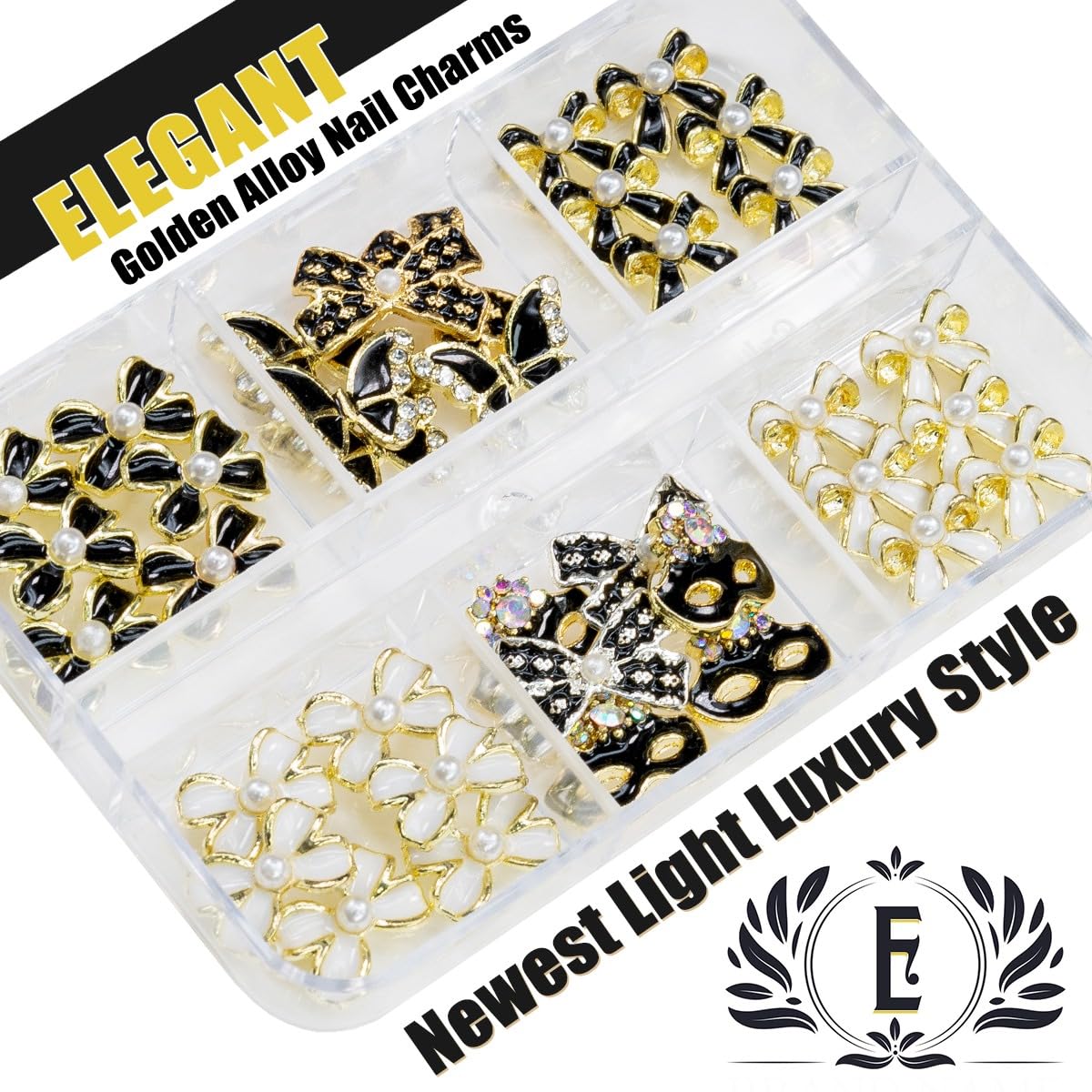 36Pcs Elegant Cute Charms for Nails Bow Butterfly Mask Luxury Kawaii Black White Rhinestones Pearls 3D Alloy Gems Cute Nail Art Charms for Acrylic Nails Face DIY Crafts Tumblers Bottles Shoes