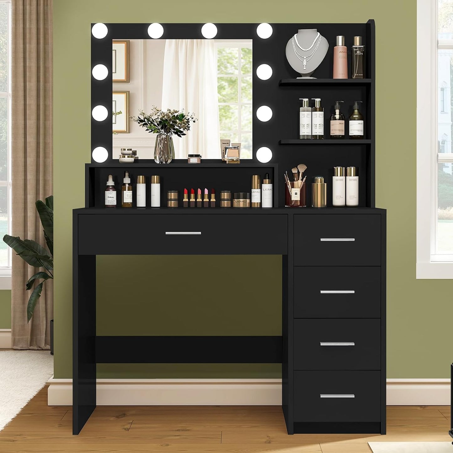 Quimoo Makeup Vanity Desk with Mirror & Lights, Vanity Desk with 5 Drawers & Storage Shelves, Vanity Table, 3 Color Modes & Adjustable Brightness Dressing Table, Bedroom, Black