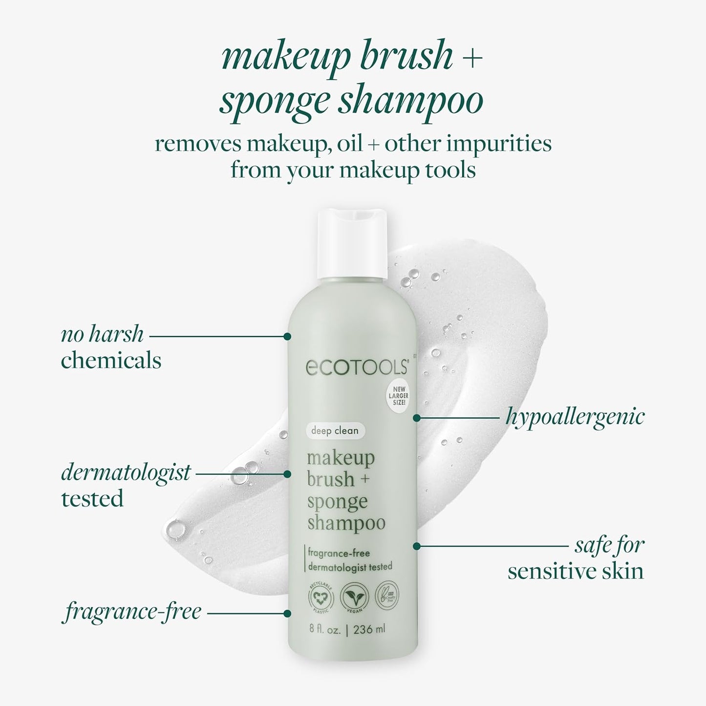 EcoTools XL Makeup Brush + Sponge Shampoo, Removes Makeup, Dirt, & Impurities From Makeup Brushes & Makeup Blending Sponges, Fragrance-Free, Vegan, & Cruelty-Free 16 fl. oz./473 ml, 1 Count, Clear