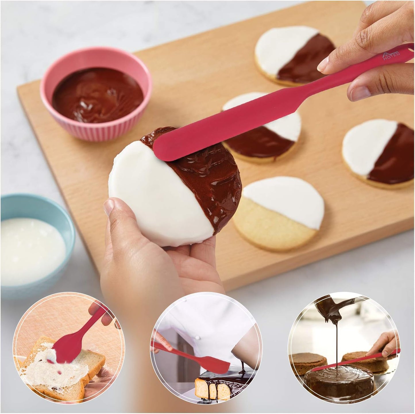HOTEC Heat Resistant 600℉ BPA-Free Silicone Rubber Spatula Set, Kithchen Cooking Spatulas, Baking, Mixing, for Non Stick Cookware, Dishwasher Safe, Red Set of 5