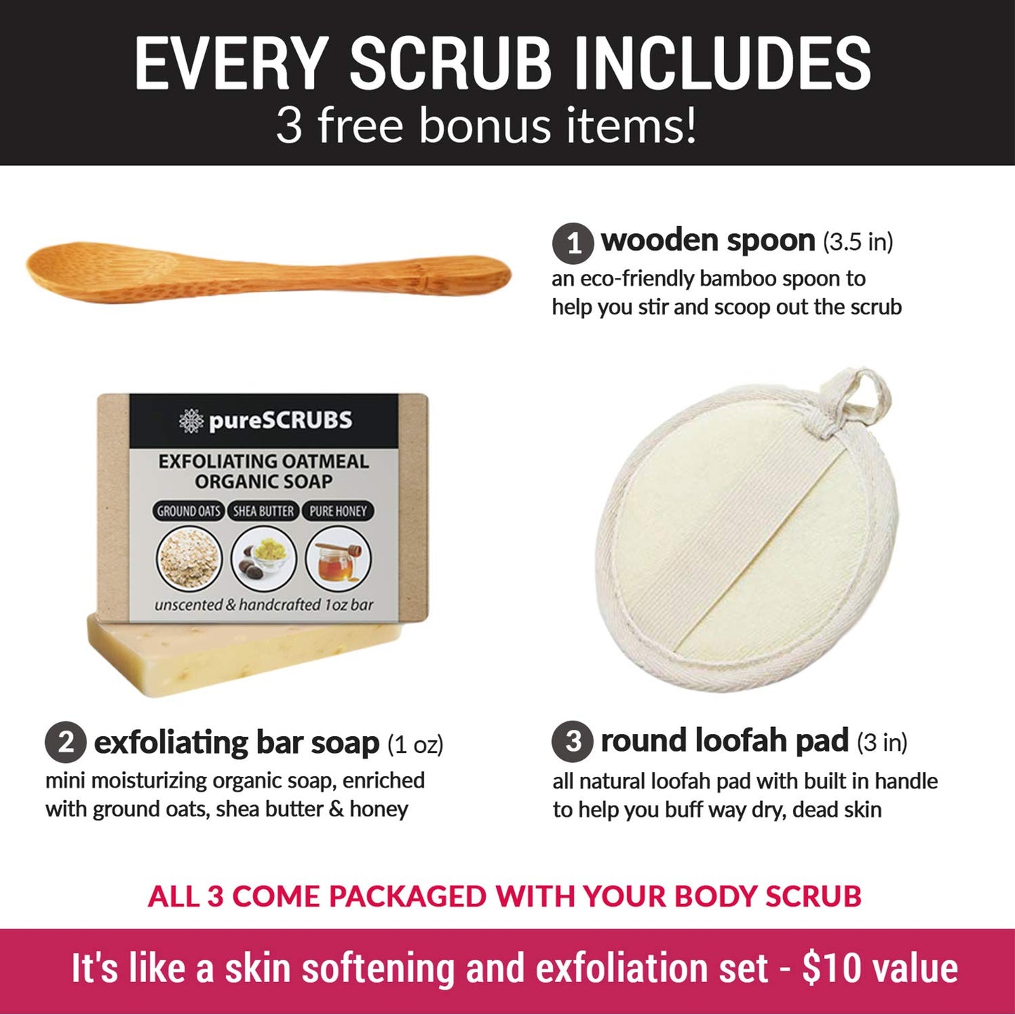 pureSCRUBS Premium Eucalyptus Body Scrub Set - Large 16oz Dead Sea Salt Body Scrub With Infused Essential Oils & Nutrients, Includes Wooden Spoon, Loofah & Oatmeal Exfoliating Bar Soap