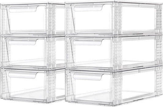 6 Pack Clear Stackable Storage Drawers, 3.95" H Easily Assemble Acrylic Organizer Bins - Multi-Use for Make up, Closet, Pantry, Bathroom, Medicine, Kitchen Cabinet & Undersink Organization
