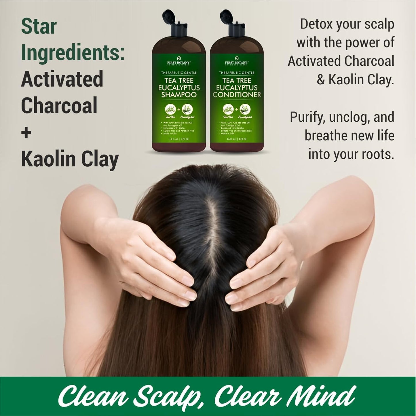 Tea Tree & Eucalyptus Shampoo and Conditioner Set – Clarifying & Scalp Care Formula with Activated Charcoal, Biotin & Keratin – Sulfate-Free, Made in USA - 16 fl oz x 2