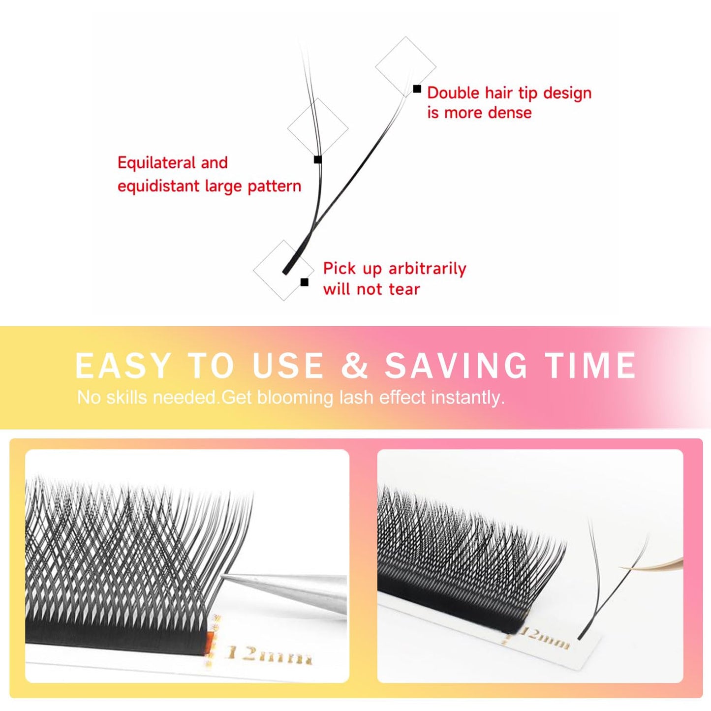 YY Lash Extensions Supplies Y Eyelash Extensions 0.05mm Thickness D Curl 10mm Premade Fans 4D Russian Volume Matte Black 12 Rows Crisscross Eye Lashes(YY-0.05-D,10mm)