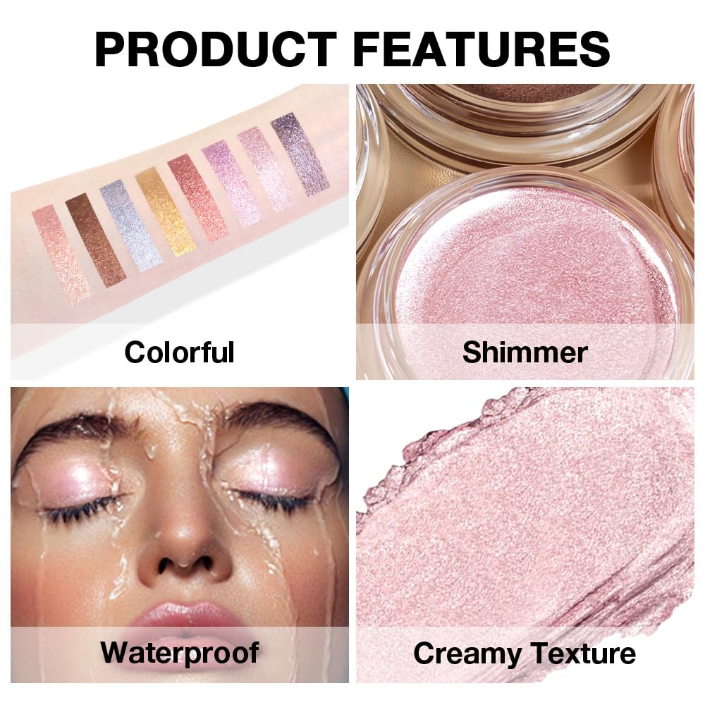 Cream Glitter Pale Pink Shimmer Metallic Eyeshadow Palette Makeup, Natural Single Mini Instant Holographic Eyeshadow For Women, Sombras Crema Para Ojos, Talc, Paraben & Cruelty Free