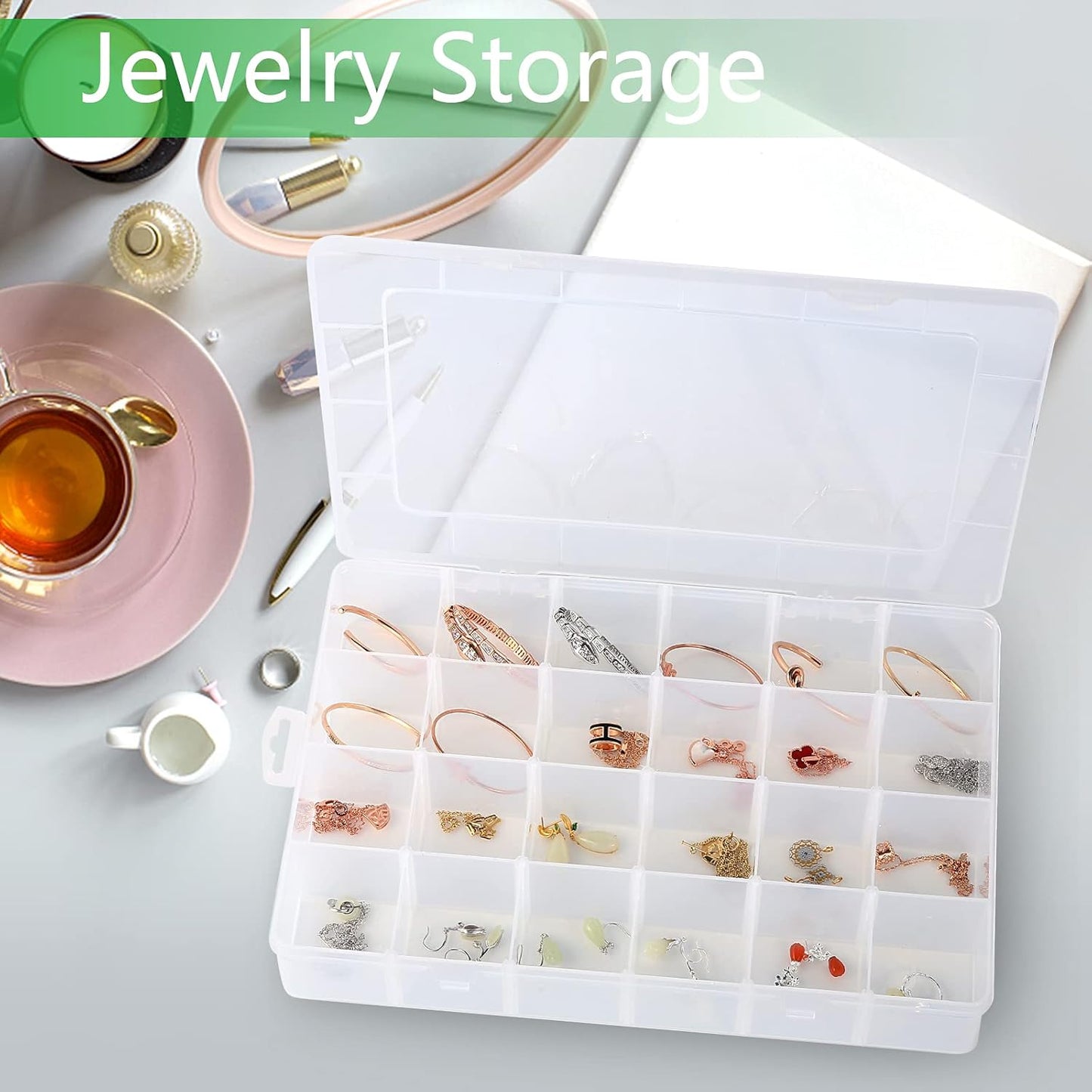 Large 24 Grids Plastic Organizer Box Adjustable Dividers,Clear Storage Box for Jewelry, Art DIY Crafts, Washi Tapes, Beads and Small Parts(3 Pack)