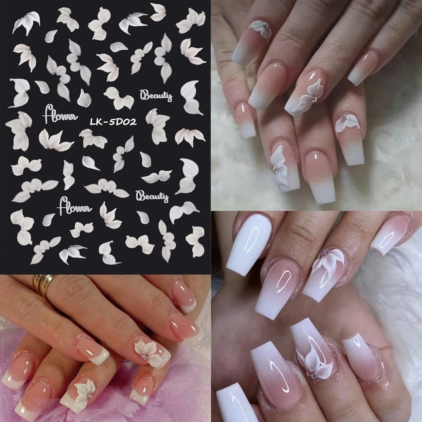 6 Sheets Flower Nail Stickers for Nail Art 5D Embossed Engraved Nails Decals 3D Spring Summer Supplies Accessories Self-Adhesive Nails DIY Design Decoration for Women and Girls