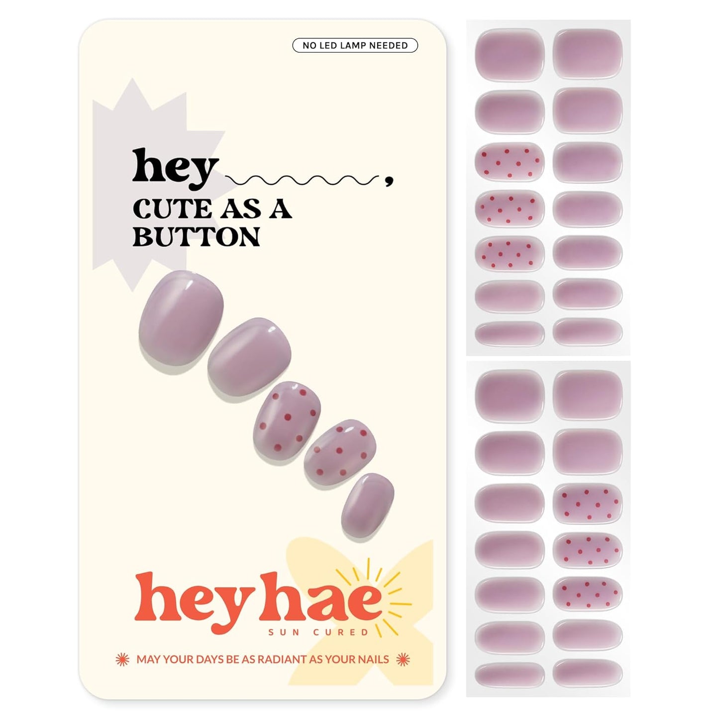 Semi Cured Gel Nail Strips | No LED Lamp Needed | Summer, Solid, Purple | Easy Apply & Remove, Salon Quality | Includes 28 Strips, 1 Prep Pads, Nail File & Wooden stick - Hey, Cute as a Button