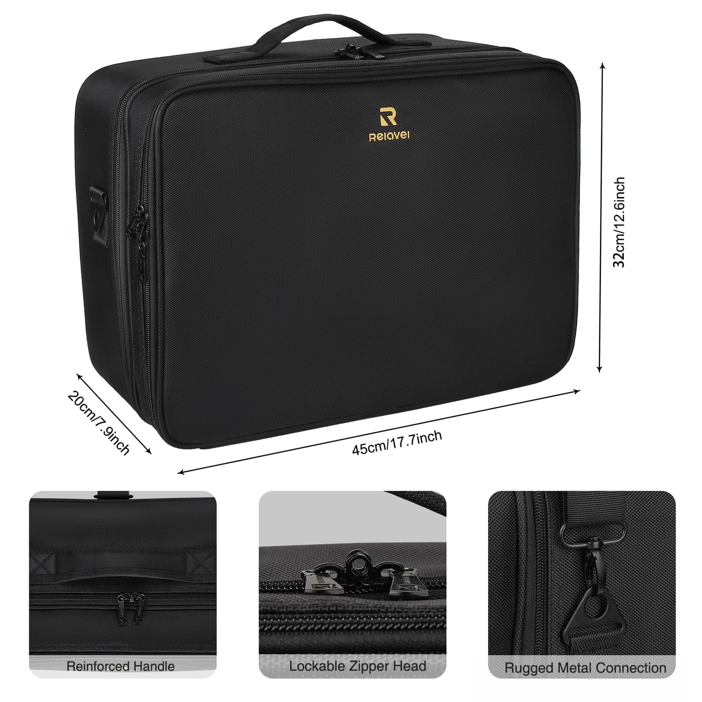 MONSITNA Extra Large Makeup Case 17 Inch Super Large Capacity Travel Makeup Train Case Professional Makeup Artist Case Nail Polish Organizer Storage Box with Two Adjustable Shoulder Strap (Black)